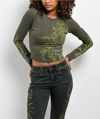 Vitriol Lottie Green Long Sleeve Crop T-Shirt