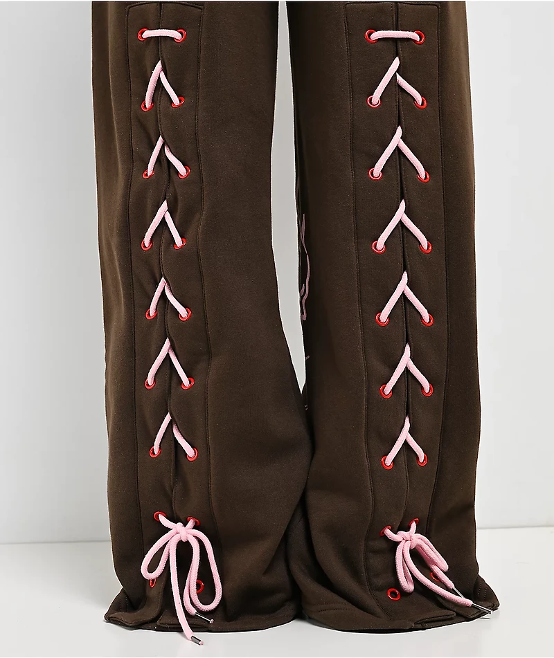Vitriol Myla Lace Up Pink Icing Wide Leg Sweatpants