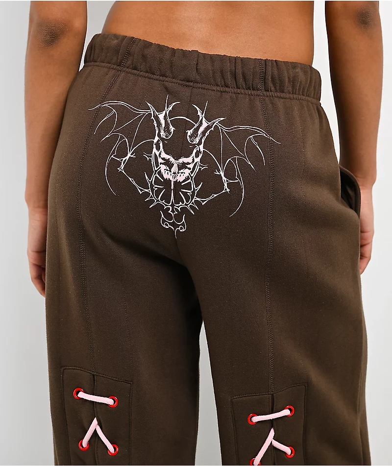 Vitriol Myla Lace Up Pink Icing Wide Leg Sweatpants
