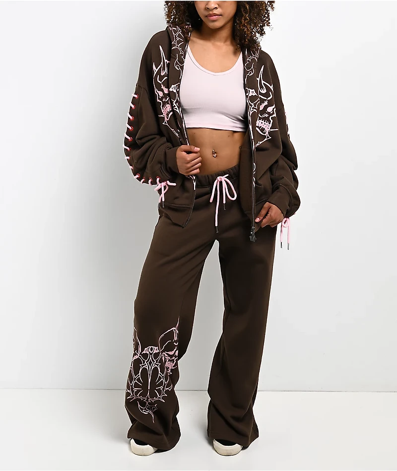 Vitriol Myla Lace Up Pink Icing Wide Leg Sweatpants
