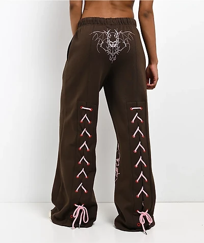 Vitriol Myla Lace Up Pink Icing Wide Leg Sweatpants