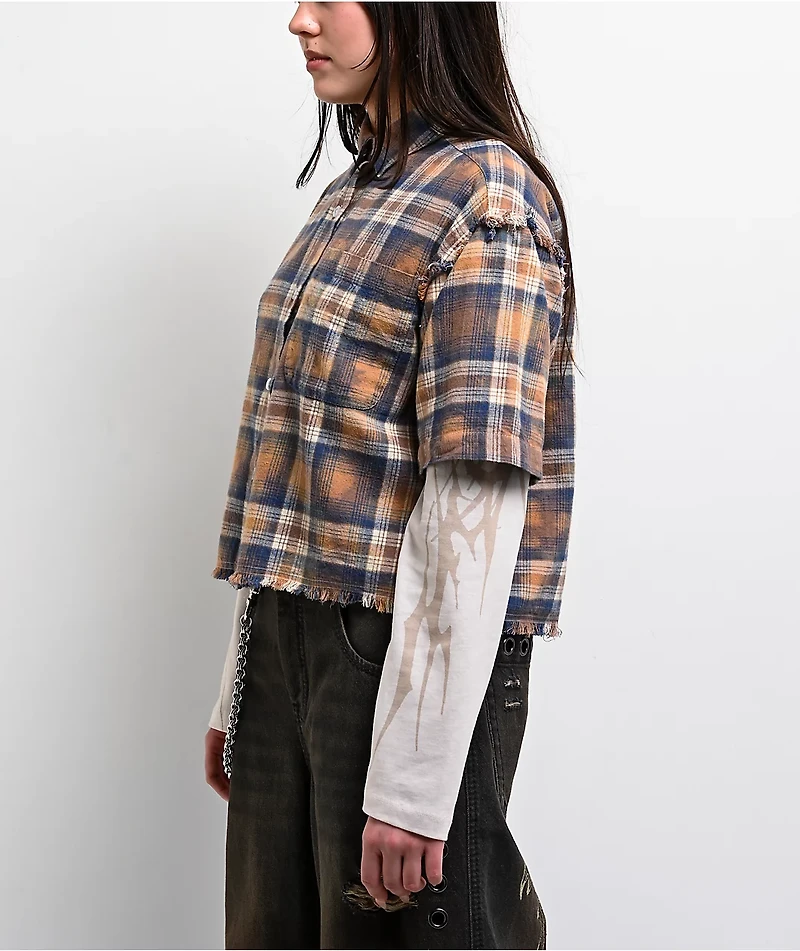 Vitriol Rattler Brown Plaid & Natural 2Fer Long Sleeve Button Up Crop T-Shirt