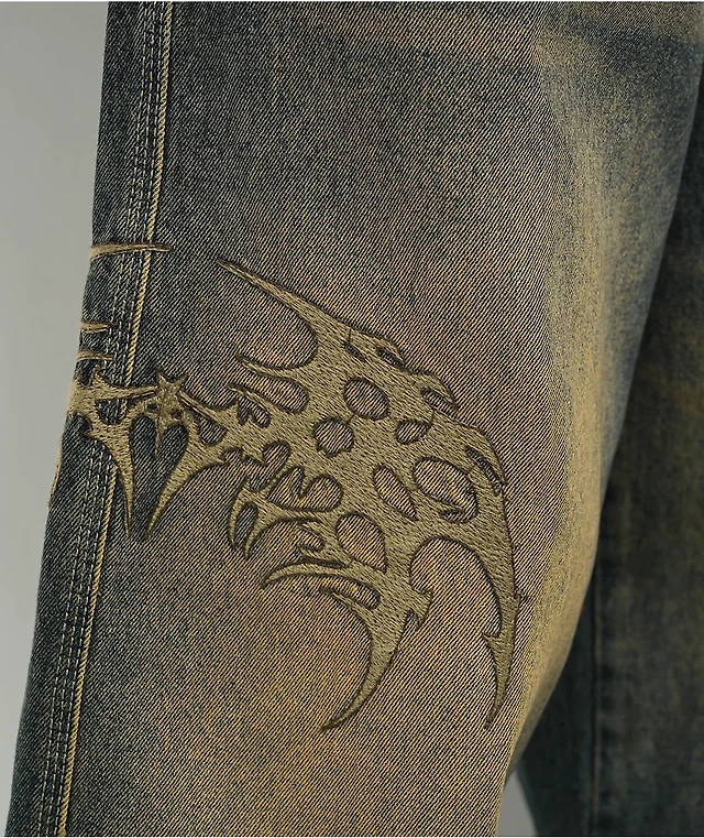 Vitriol Respawn Embroidered Blue Wash Ultra Wide Jeans