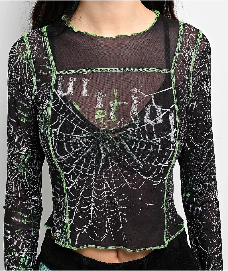 Vitriol Sahar Black & Green Mesh Long Sleeve Crop T-Shirt