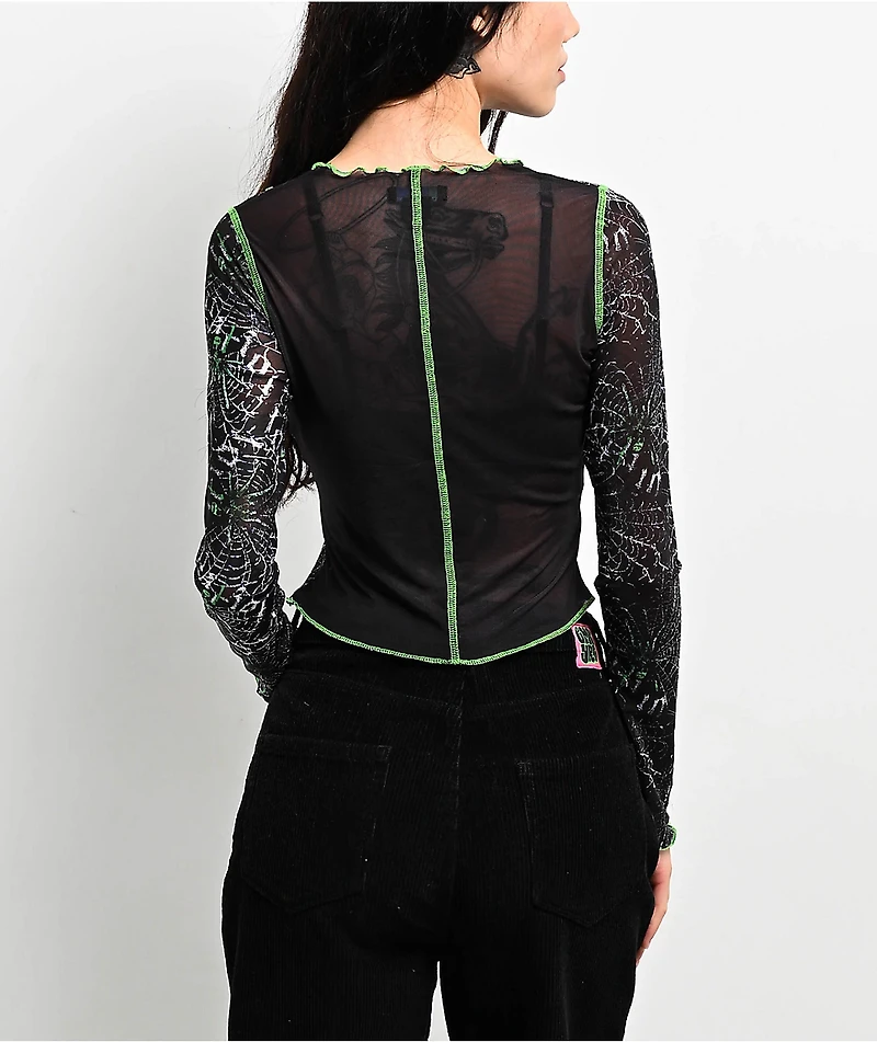 Vitriol Sahar Black & Green Mesh Long Sleeve Crop T-Shirt