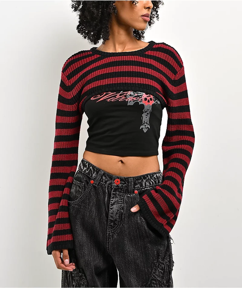 Vitriol Scarlet Stripe Black & Red Shrug Crop Tank Top Set