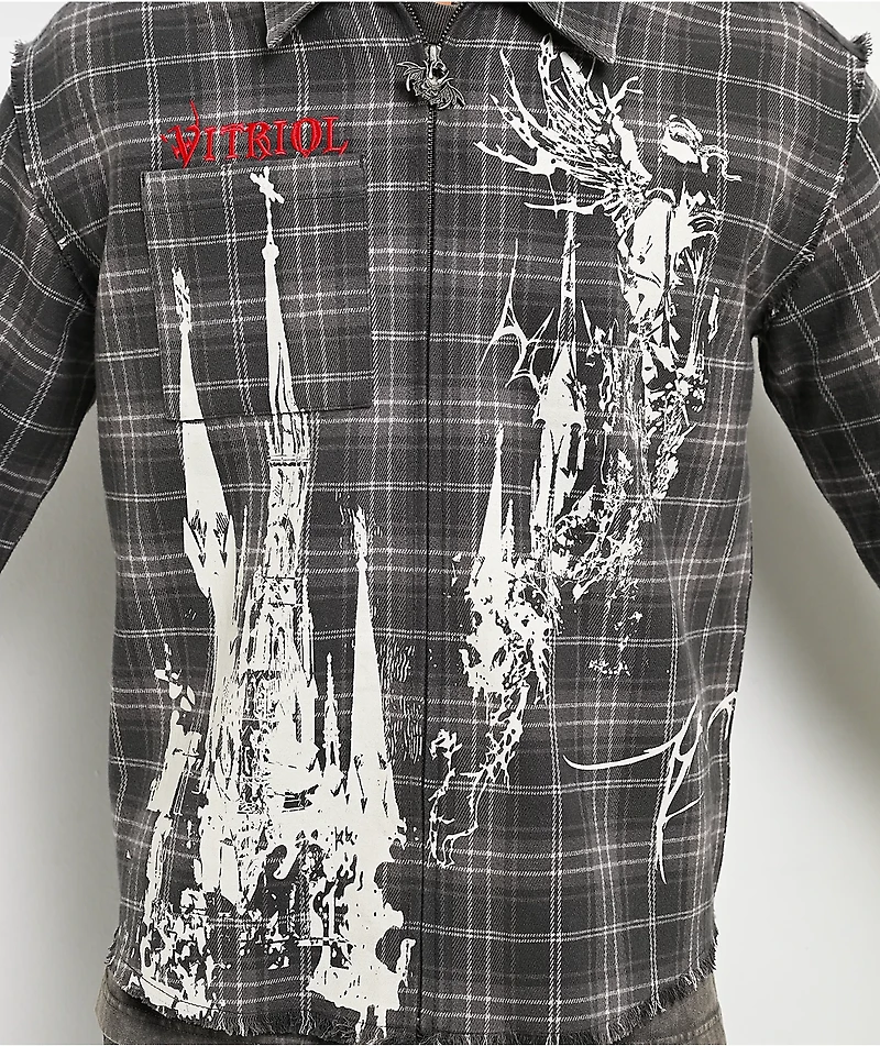 Vitriol Scorned Grey Plaid Flannel Zip Crop Shirt