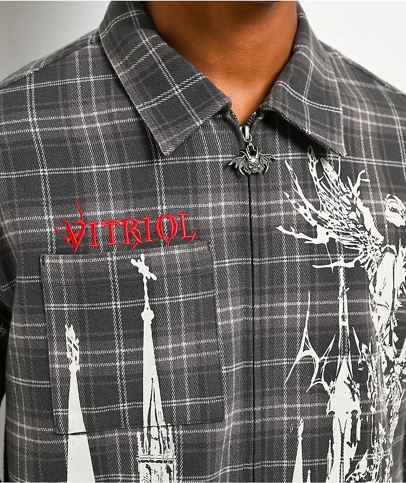 Vitriol Scorned Grey Plaid Flannel Zip Crop Shirt