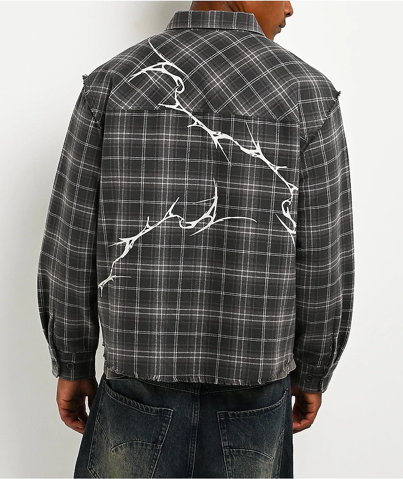 Vitriol Scorned Grey Plaid Flannel Zip Crop Shirt