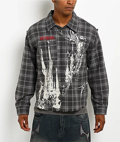 Vitriol Scorned Grey Plaid Flannel Zip Crop Shirt