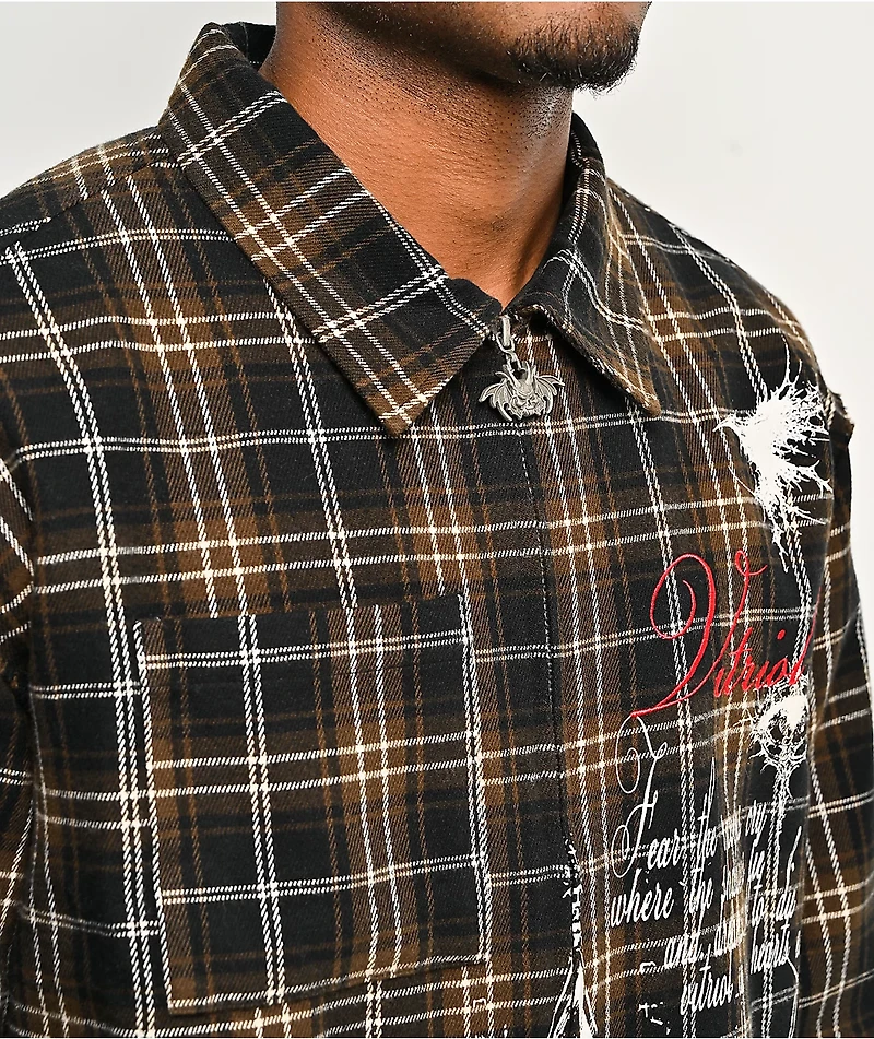 Vitriol Scorned Long Sleeve Black & Brown Flannel Crop Zip Shirt