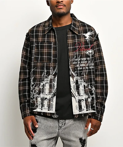 Vitriol Scorned Long Sleeve Black & Brown Flannel Crop Zip Shirt