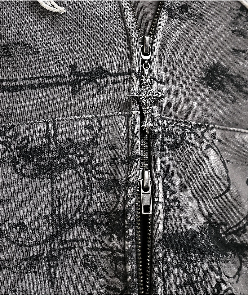 Vitriol Scrolls Grey Wash Crop Zip Hoodie