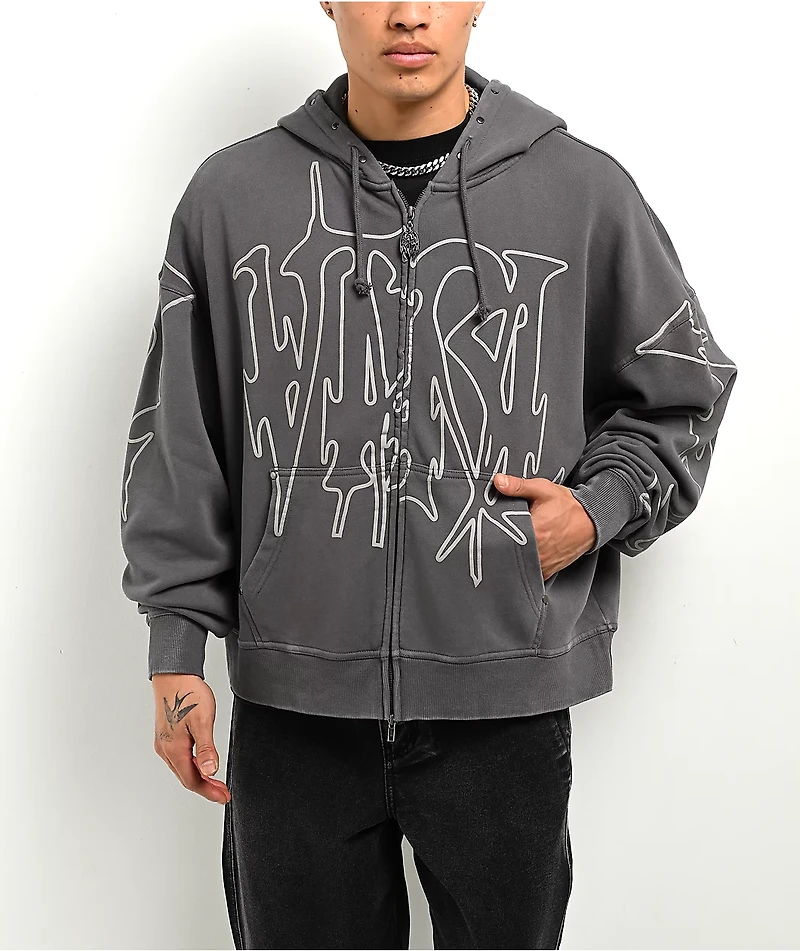 Vitriol Stud Grey Wash Boxy Zip Hoodie