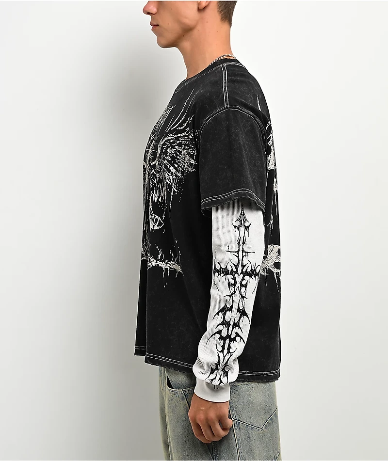 Vitriol Summoned Black Wash & White 2fer Long Sleeve T-Shirt