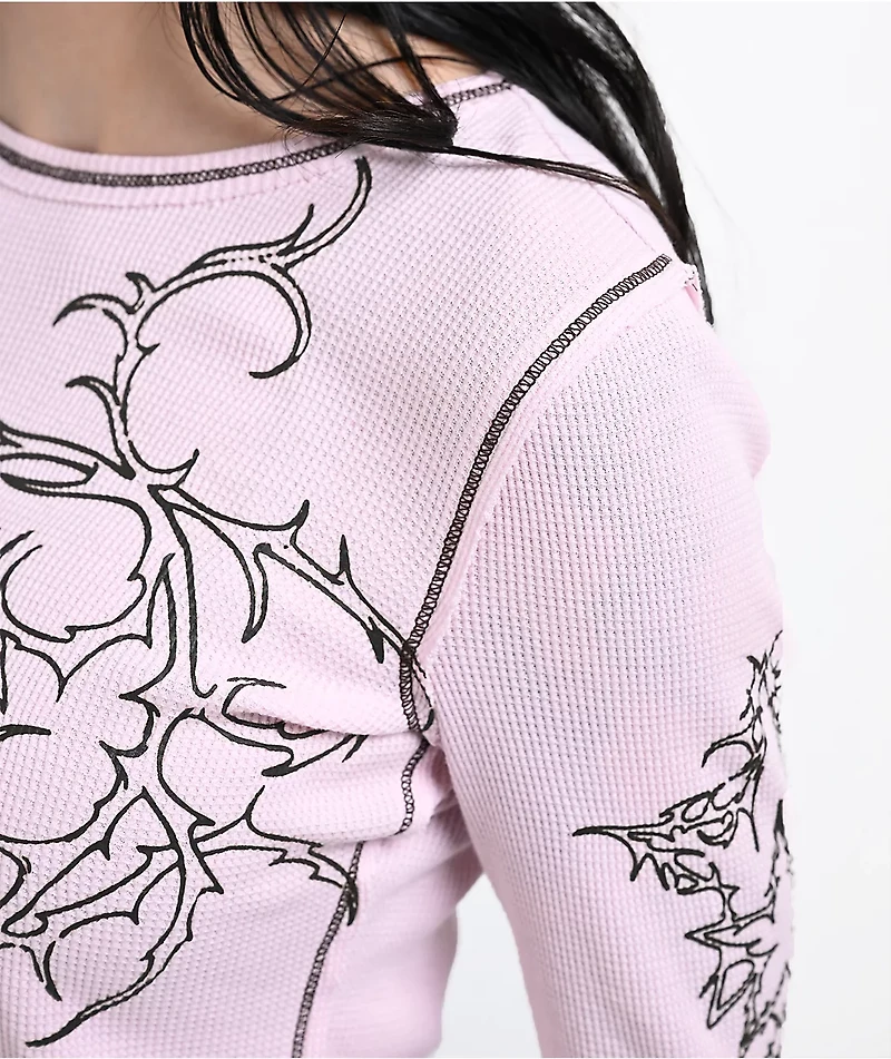 Vitriol Theo Heart Pink Thermal Long Sleeve Crop T-Shirt