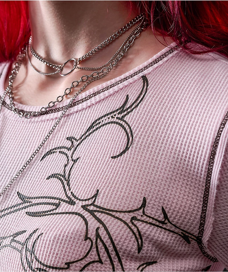 Vitriol Theo Heart Pink Thermal Long Sleeve Crop T-Shirt
