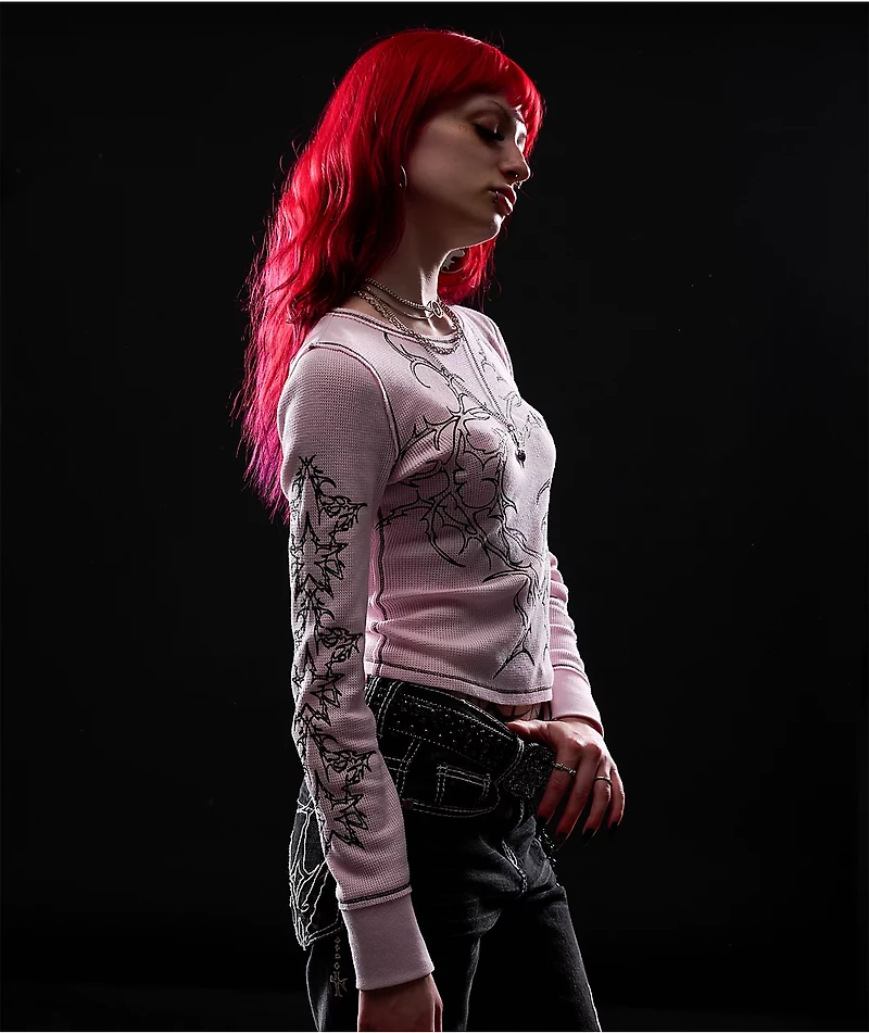 Vitriol Theo Heart Pink Thermal Long Sleeve Crop T-Shirt