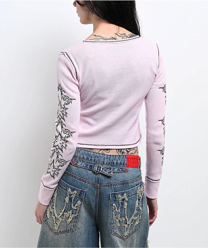 Vitriol Theo Heart Pink Thermal Long Sleeve Crop T-Shirt