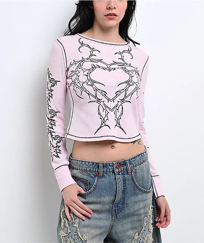 Vitriol Theo Heart Pink Thermal Long Sleeve Crop T-Shirt
