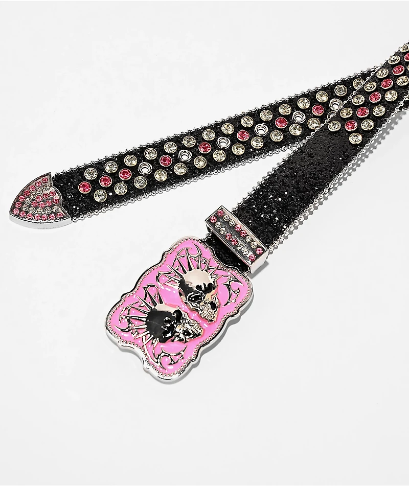 Vitriol Twin Skulls Rhinestone Black Belt