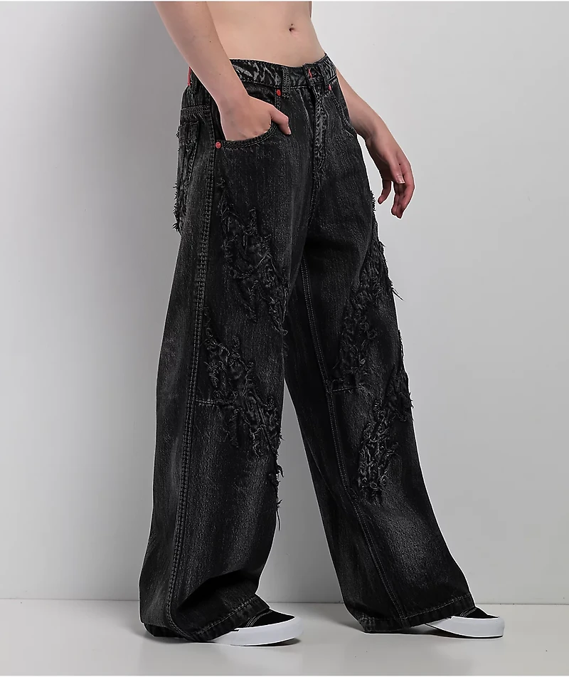 Vitriol Verona Applique Black Washed Wide Leg Jeans
