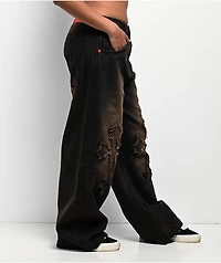 Vitriol Verona Applique Black Washed Wide Leg Jeans