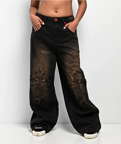 Vitriol Verona Applique Black Washed Wide Leg Jeans