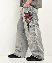 Vitriol Void Cyber Skull Grey Wide Leg Jeans