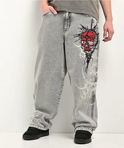 Vitriol Void Cyber Skull Grey Wide Leg Jeans