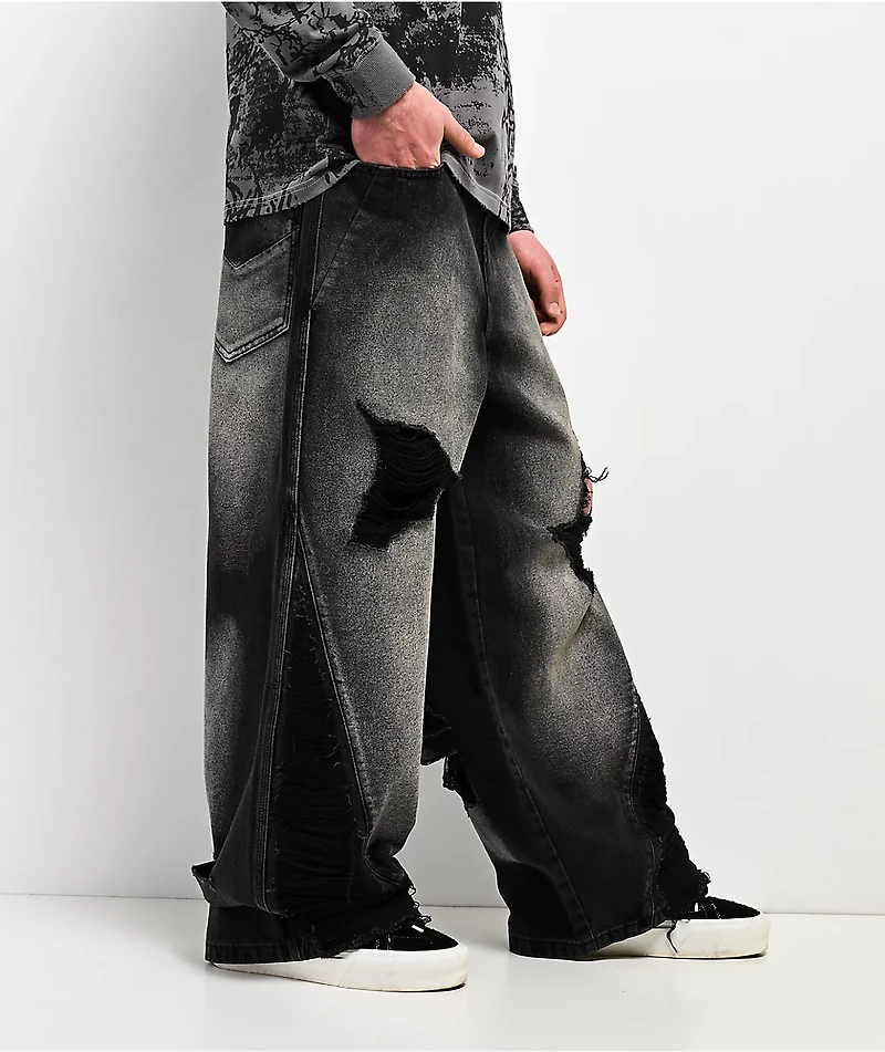 Vitriol Void Depth Distressed Black Wash Wide Leg Jeans