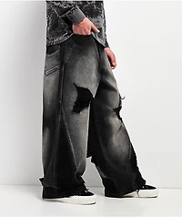 Vitriol Void Depth Distressed Black Wash Wide Leg Jeans