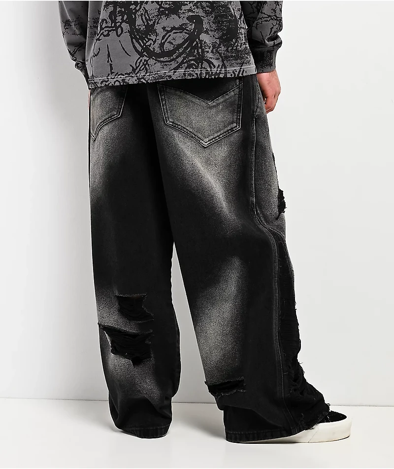 Vitriol Void Depth Distressed Black Wash Wide Leg Jeans