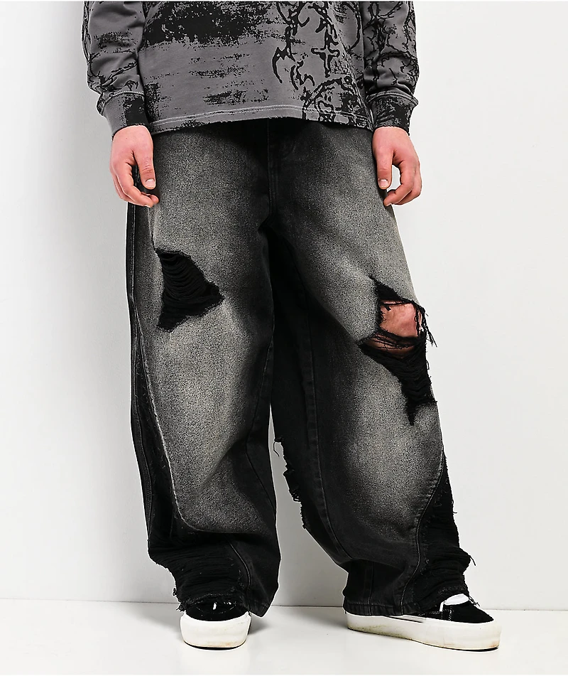 Vitriol Void Depth Distressed Black Wash Wide Leg Jeans