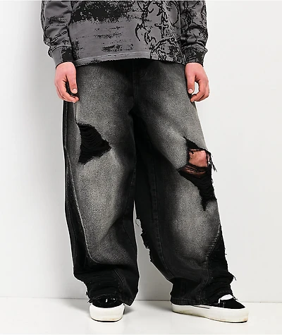 Vitriol Void Depth Distressed Black Wash Wide Leg Jeans