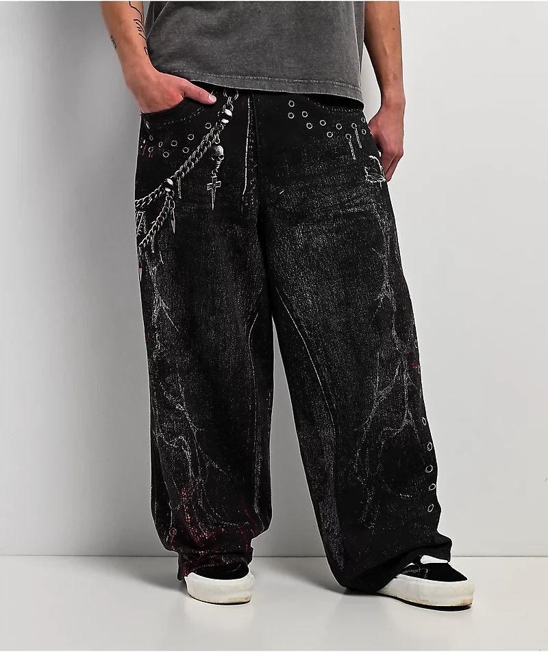 Vitriol Void Optical Printed Black Ultra Wide Jeans