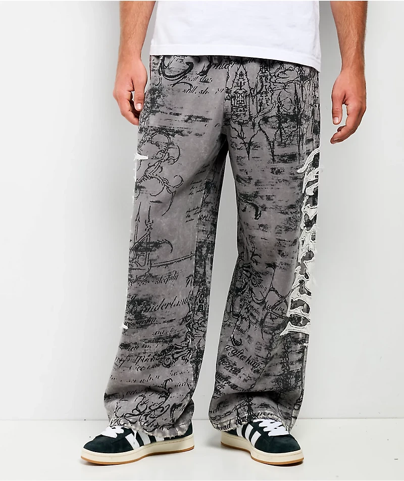 Vitriol Void Scrolls Grey Wash Wide Leg Sweatpants