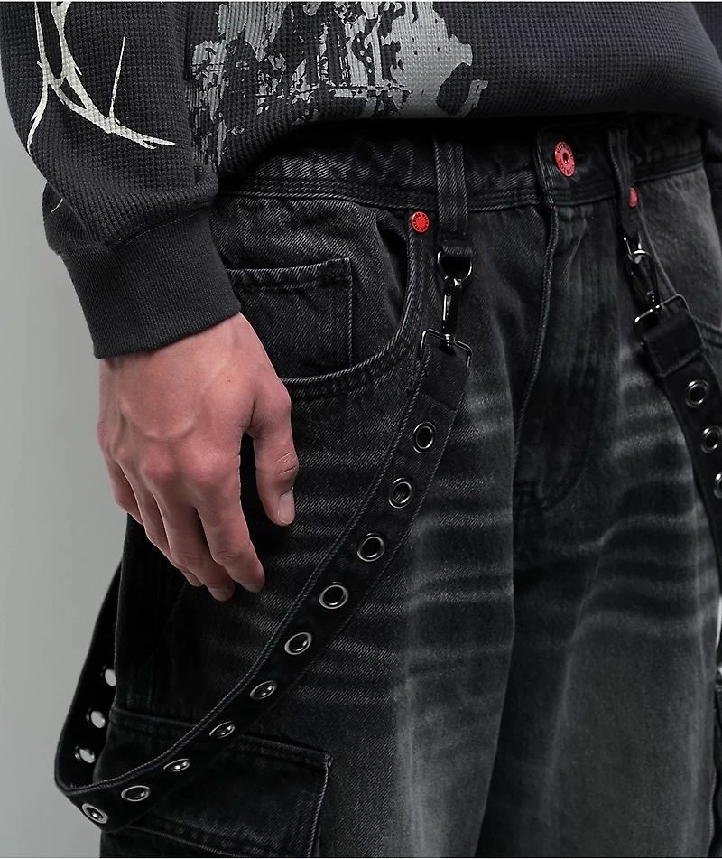 Vitriol Void Strap Black Wash Ultra Wide Cargo Jeans