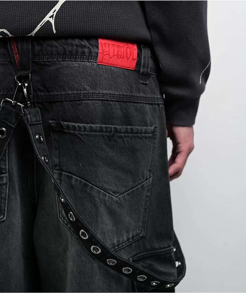 Vitriol Void Strap Black Wash Ultra Wide Cargo Jeans