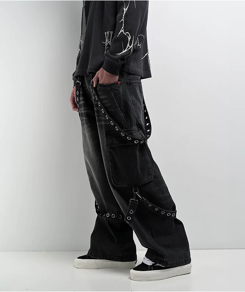 Vitriol Void Strap Black Wash Ultra Wide Cargo Jeans