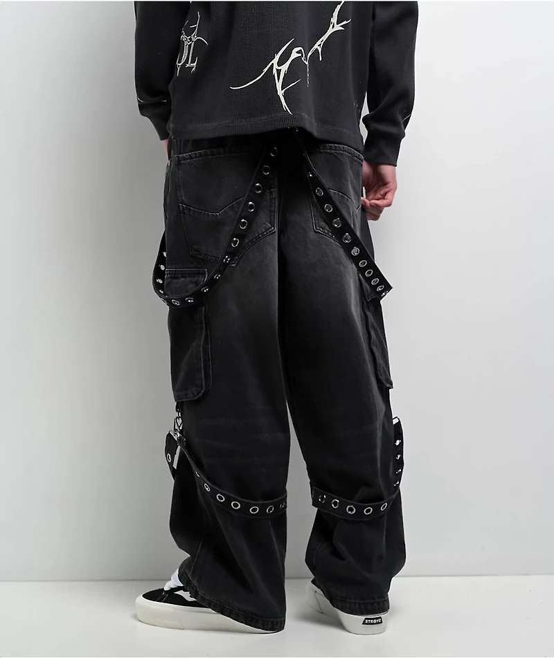 Vitriol Void Strap Black Wash Ultra Wide Cargo Jeans