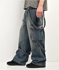 Vitriol Void Strappy Blue Wash Wide Leg Cargo Jeans