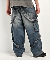 Vitriol Void Strappy Blue Wash Wide Leg Cargo Jeans