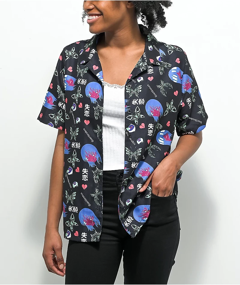 Vitriol Ziggy Anime Print Black Short Sleeve Button Up Shirt