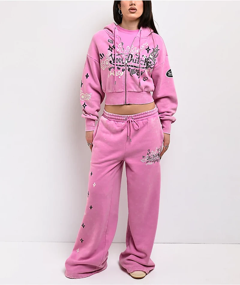 Von Dutch Cyclamen Pink Wash Crop Zip Hoodie