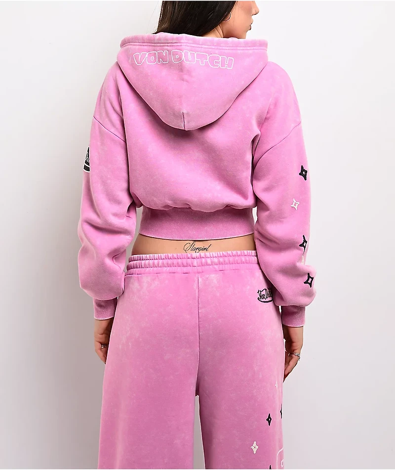 Von Dutch Cyclamen Pink Wash Crop Zip Hoodie