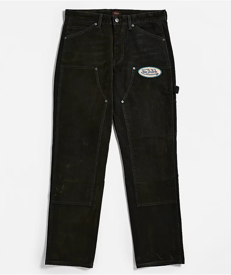 Von Dutch Double Knee Olive Flocked Denim Pants