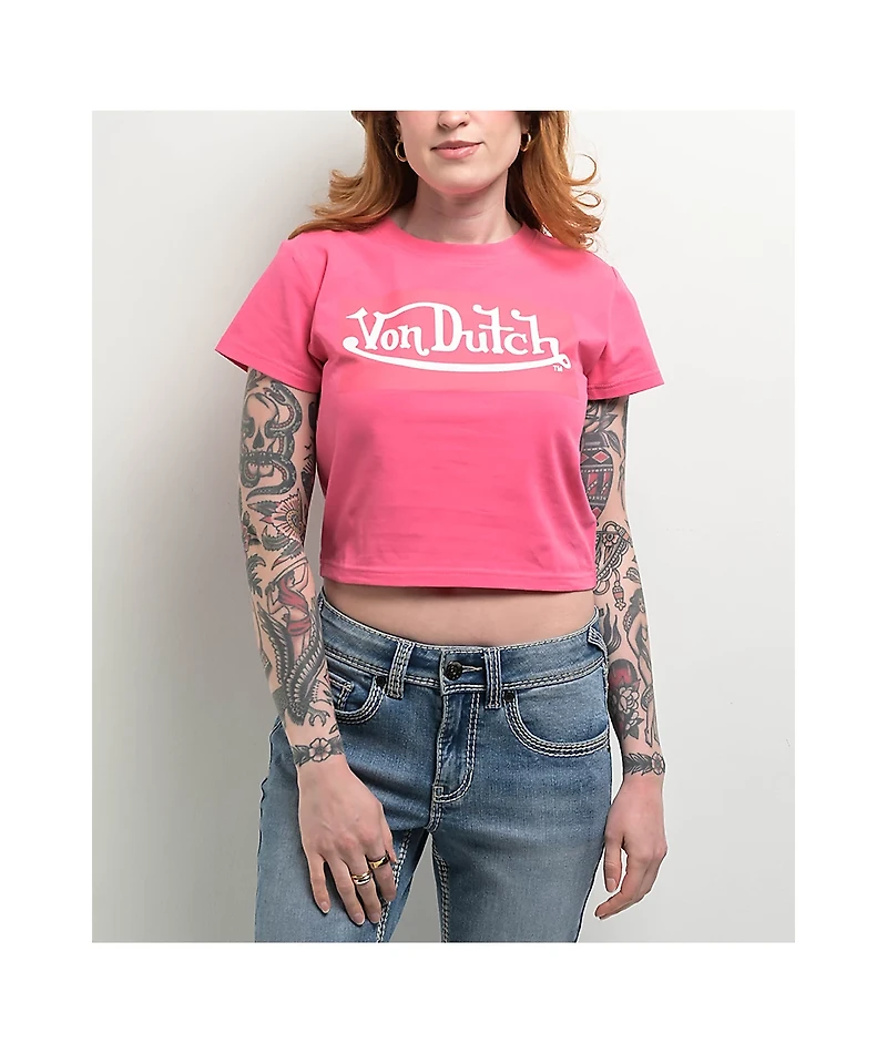 Von Dutch Logo Hot Pink Crop T-Shirt