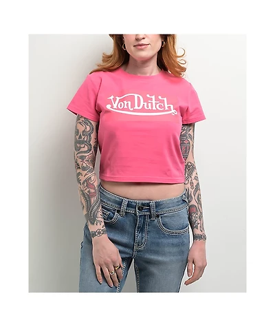 Von Dutch Logo Hot Pink Crop T-Shirt