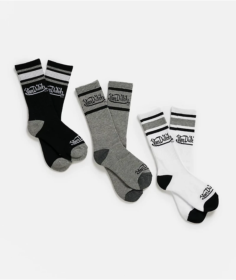 Von Dutch Oval Stripe 3 Pack White, Grey & Black Crew Socks